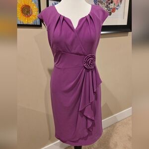 Adrianna Papell Purple Sleeveless Fitted Midi Dress with Flower Detail